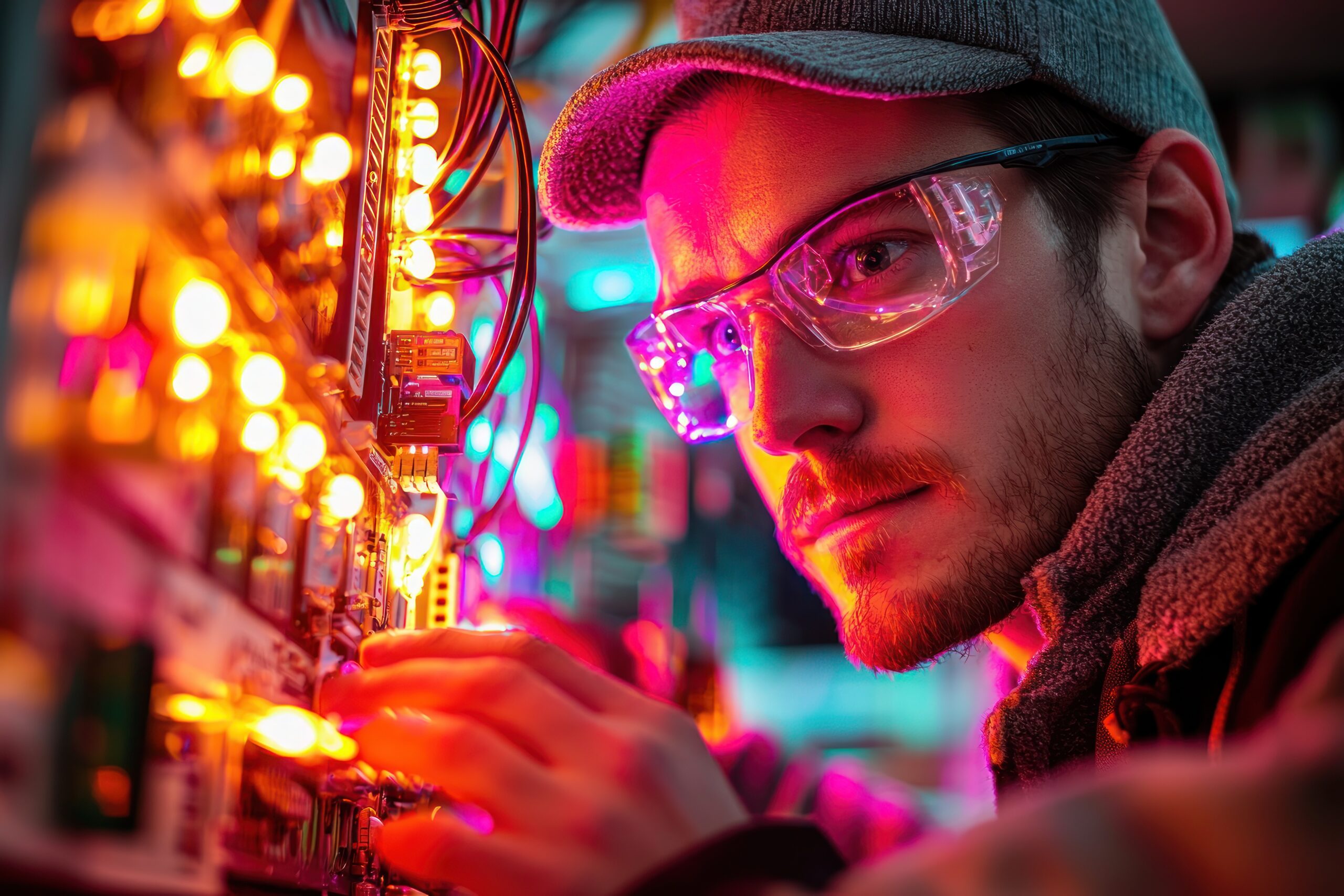 Data center technician actively replacing a faulty server, glowing lights, cables, busy environment, problem-solving --no empty server racks, inactive equipment, dull lighting --ar 3:2 --quality 2 --style raw --stylize 200 --v 6.1 Job ID: 57e1c41a-c6ed-4ed2-aa45-c3caadcc8a8f